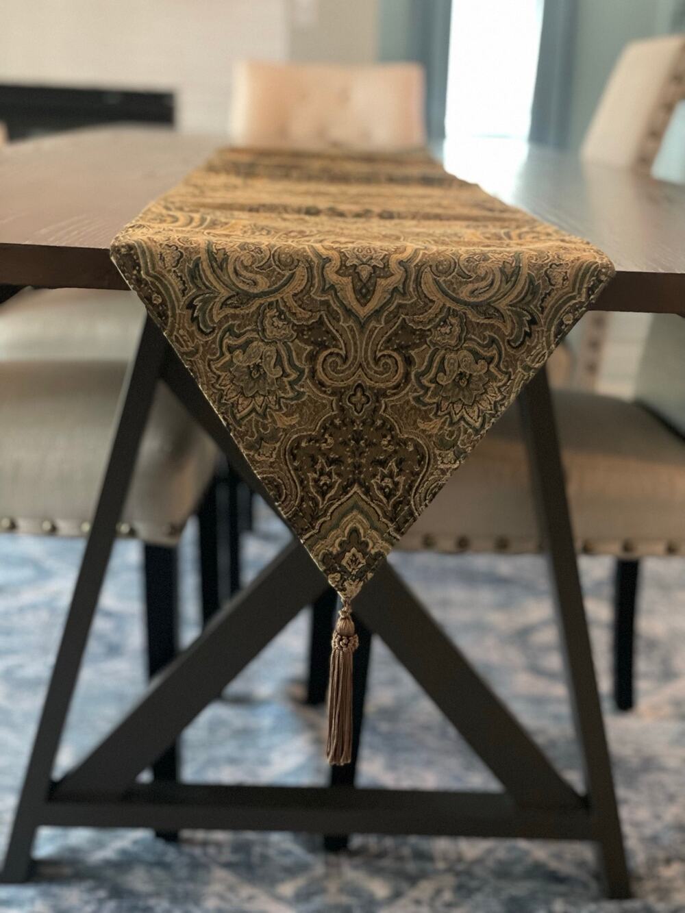 JCPenney London Jade Tapestry Table Runner 80 Inches Sage Blue Tan Cream Tassel